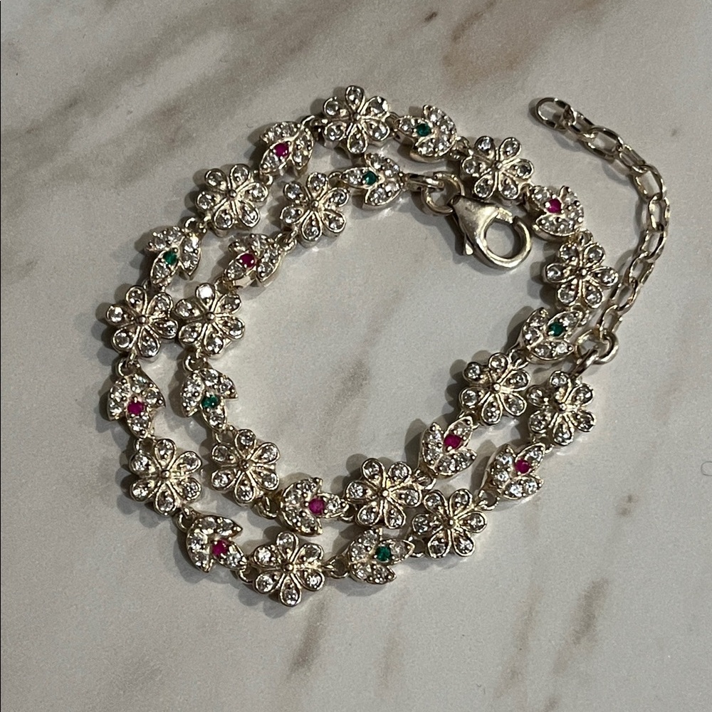 Vintage Sterling Silver & Gemstone Flowers Anklet